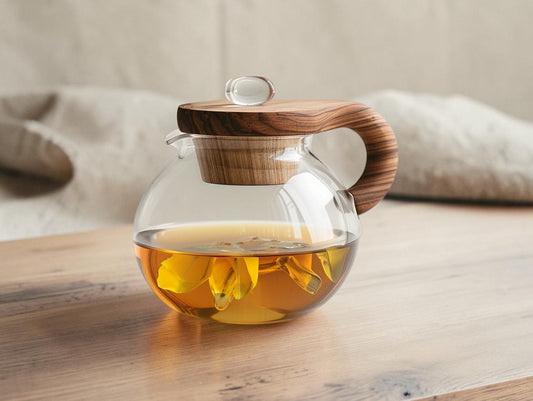Aurn Minimalist Borosilicate Glass Teapot with Wooden Lid and Removable Infuser (850ml)