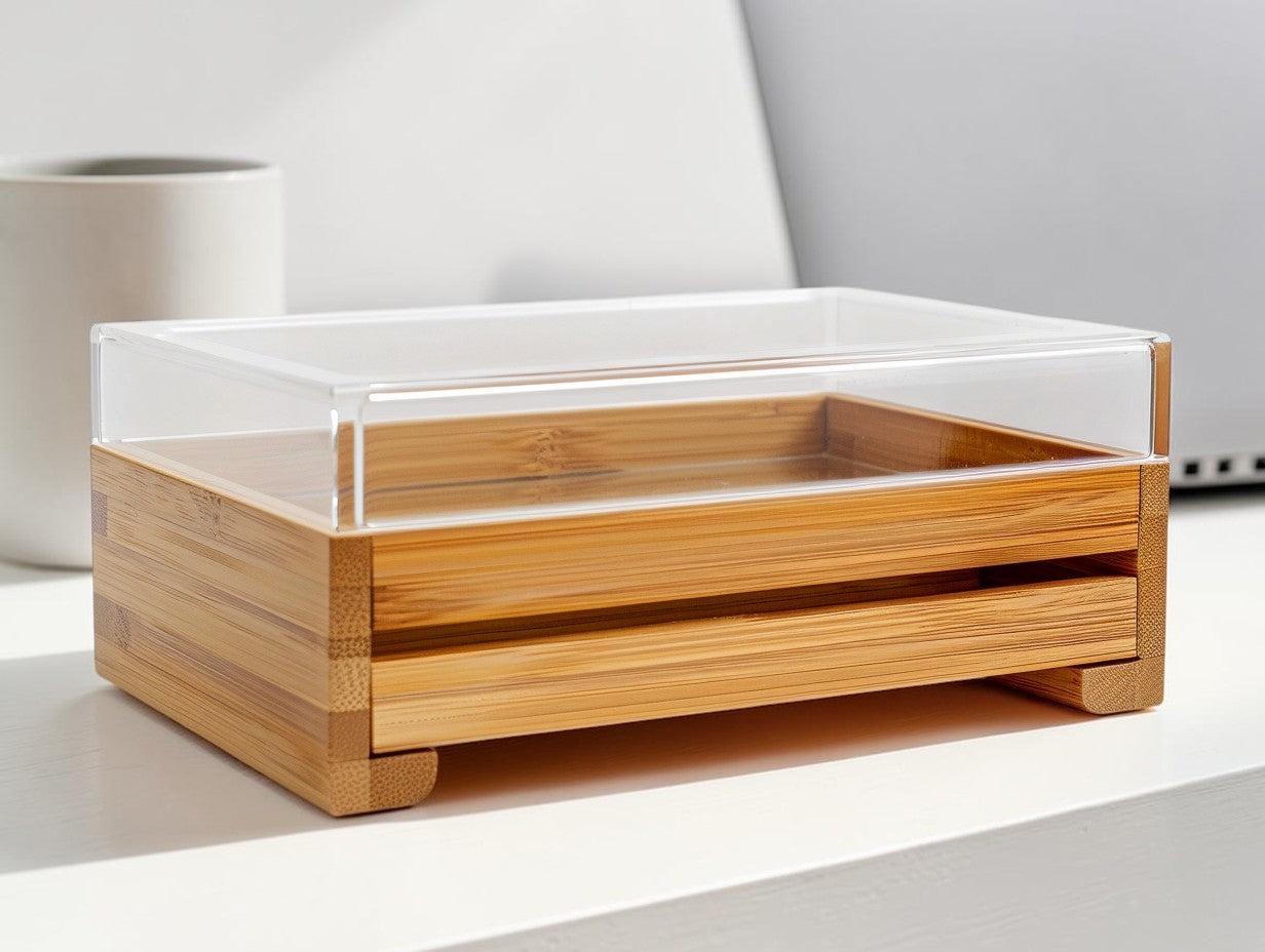 Aurn Clear Acrylic Desktop Organizer with Natural Bamboo Drawers