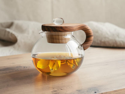 Aurn Minimalist Borosilicate Glass Teapot with Wooden Lid and Removable Infuser (850ml)