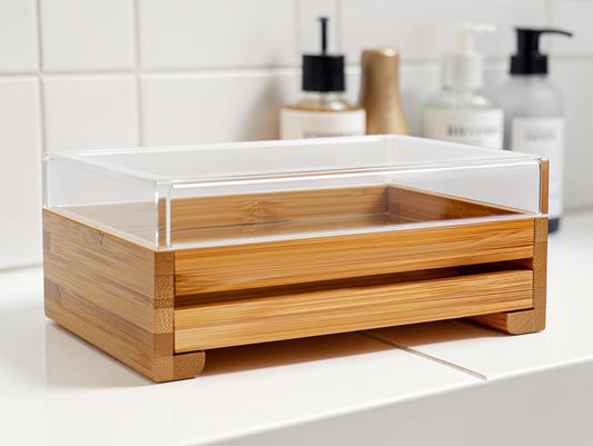 Aurn Clear Acrylic Desktop Organizer with Natural Bamboo Drawers